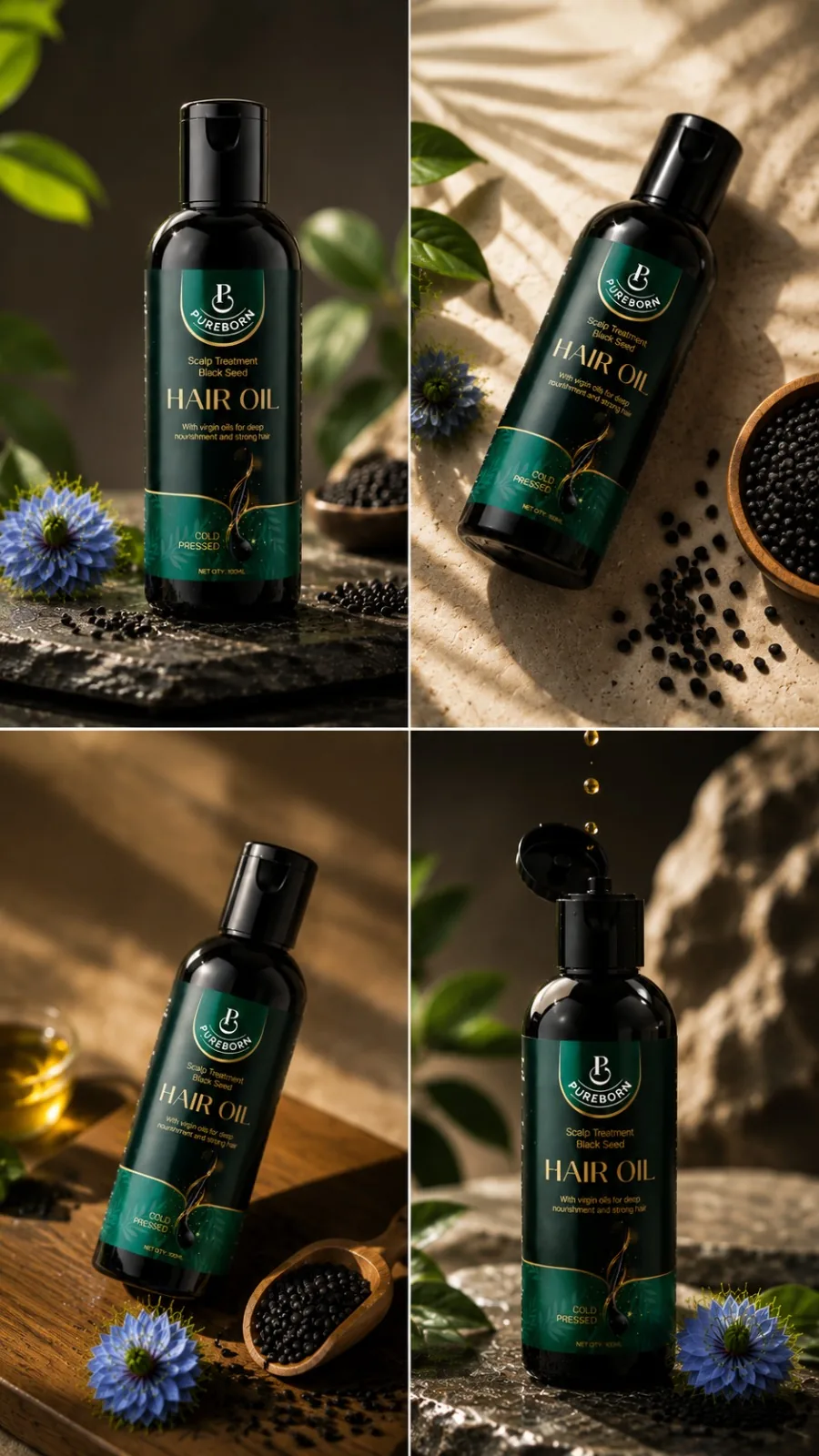 Pureborn Black Seed Hair Oil in a premium botanical campaign scene, view 1
