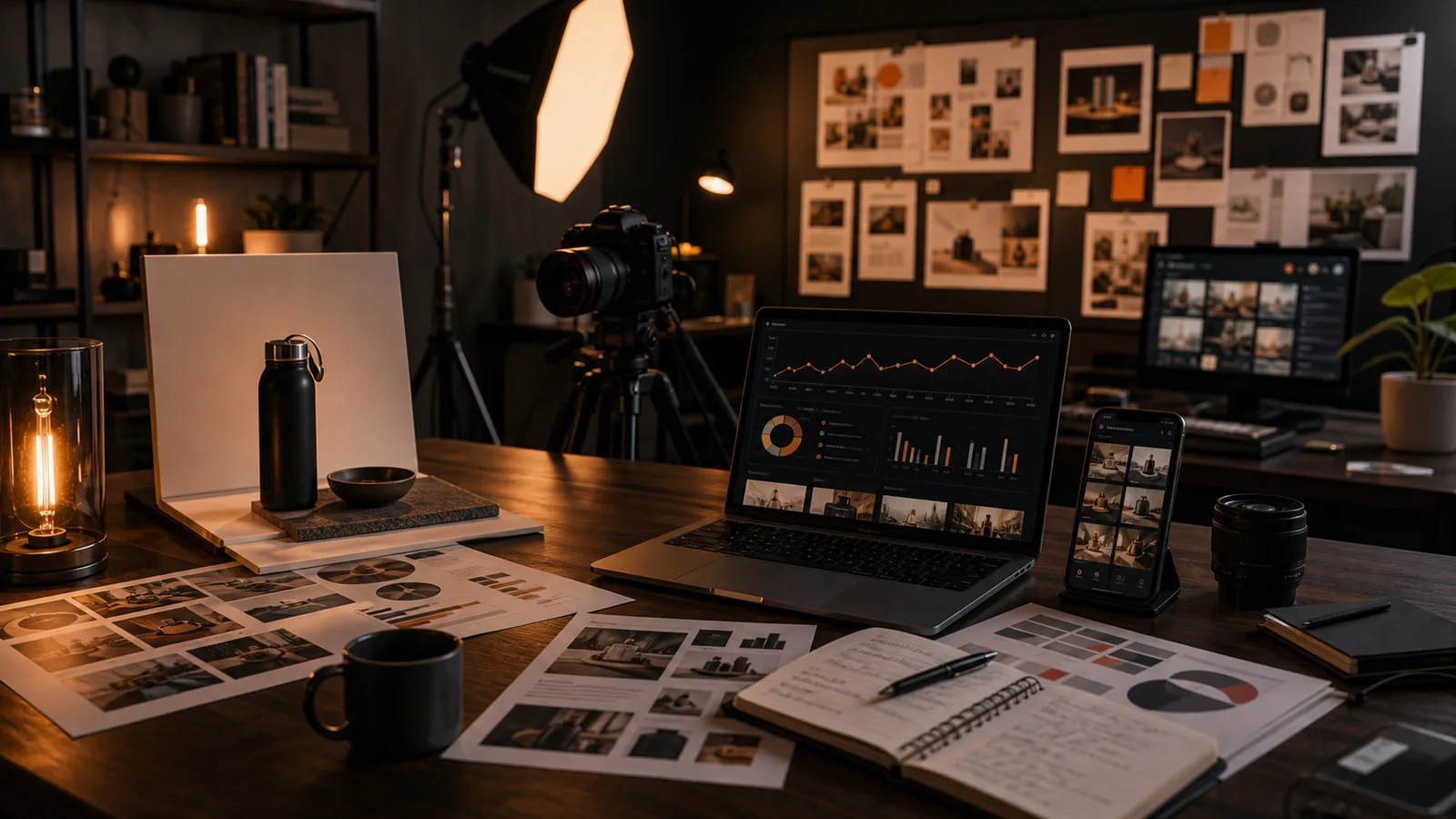 Marketing content studio with camera, product setup, campaign planning materials, and analytics screens