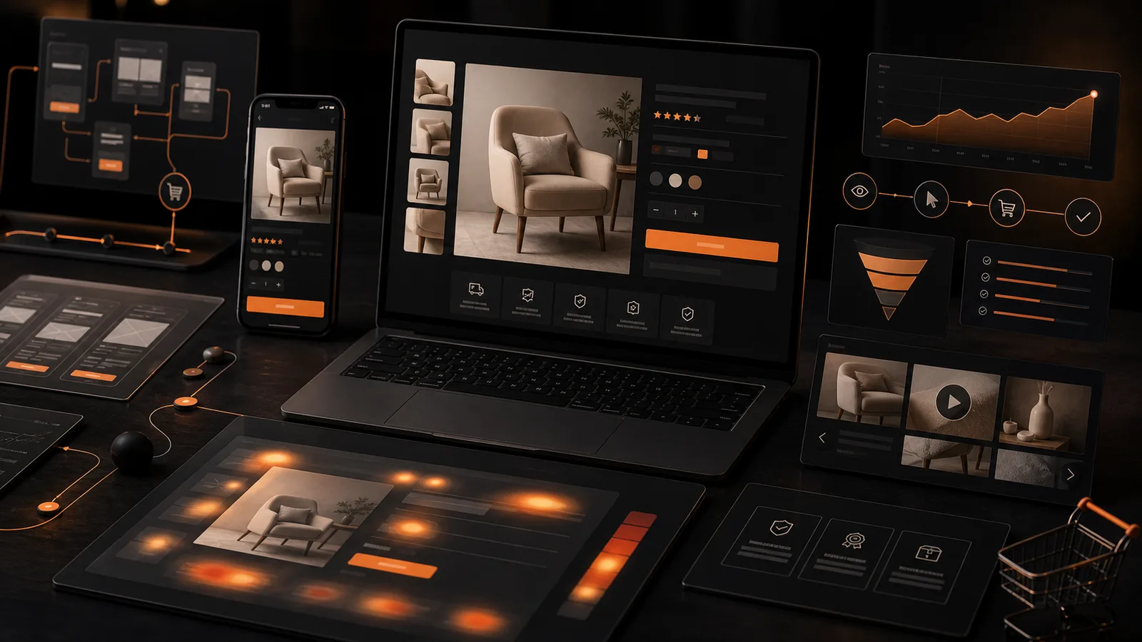 Product page conversion lab with product media, trust cards, mobile layout, and checkout path modules