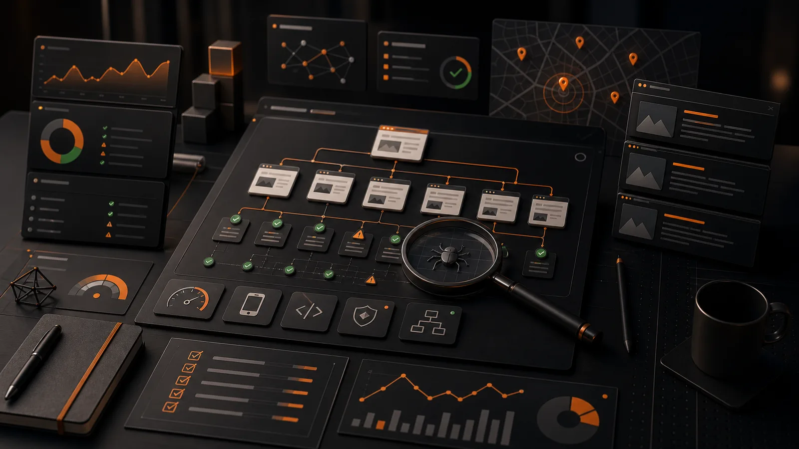 Dark SEO command center with sitemap nodes, search panels, analytics, and technical audit layers
