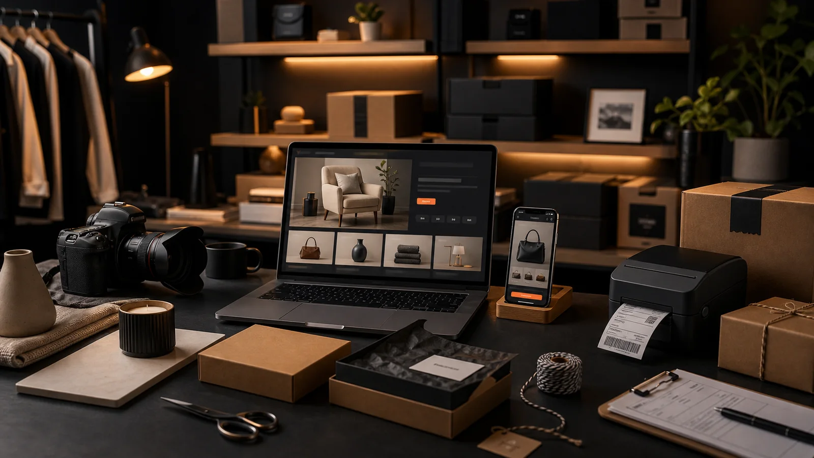 E-commerce operations workspace with product photography setup, packaging, laptop storefront, and phone preview