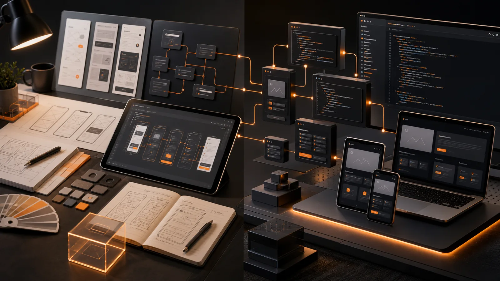 Design boards and frontend component systems connected in a premium dark interface workspace